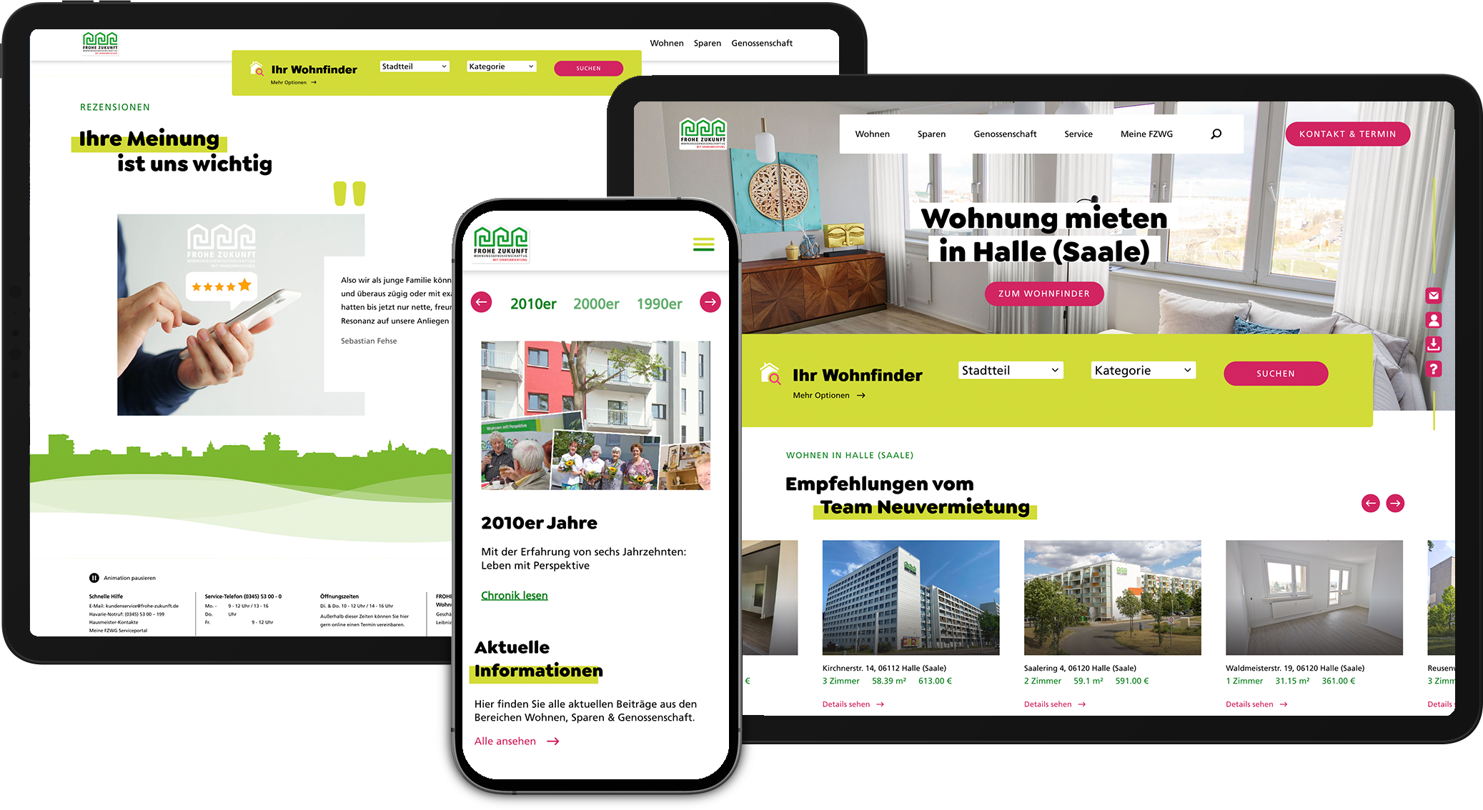 Mehrere Screens bzw. Bildschirme werden gezeigt, auf denen Ausschnitte des barrierefreien Webdesigns für die FROHE ZUKUNFT Wohnungsgenossenschaft eG zu sehen sind.